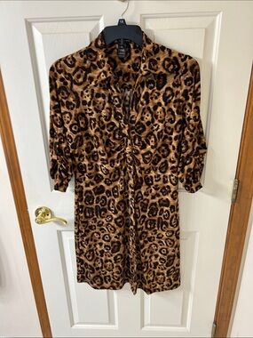 INC International Concepts Leopard Midi Shirt Dress in Brown and Black